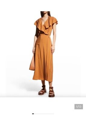 Vince Ruffle V-Neck Midi Dress